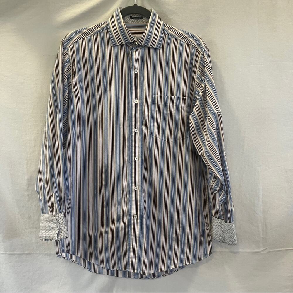 Bugatchi Classic Fit Button Down Shirt Mens Striped Blue Brown Ivory Preppy Edgy